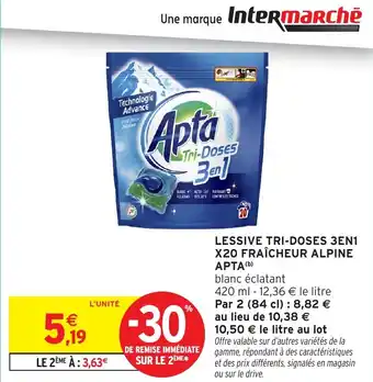 Intermarché Hyper Lessive tri doses 3en1 x20 fraîcheur alpine apta offre
