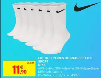 Intermarché Hyper Lot de 3 paires de chaussettes sport nike offre