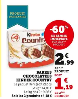 Super U KINDER COUNTRY Barres chocolatees offre