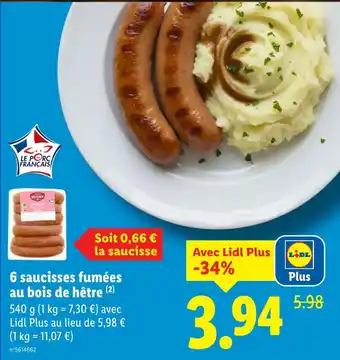 Lidl 6 saucisses fumées au bois de hêtre offre