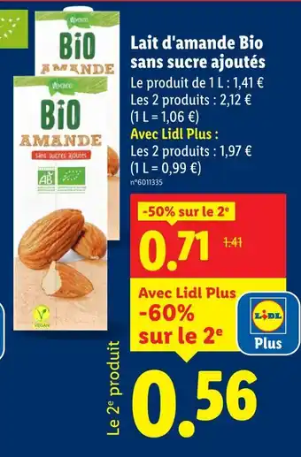 Lidl Vemondo lait d'amande bio sans sucre ajoutés offre