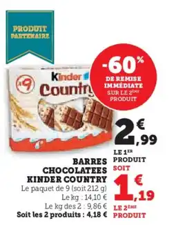 Hyper U Barres produit chocolatees kinder country offre
