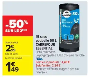 Carrefour Market 15 sacs poubelle 50 L CARREFOUR ESSENTIAL offre