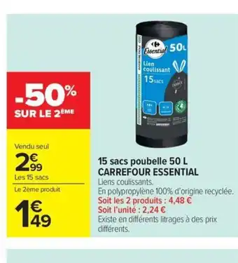 Carrefour Market CARREFOUR ESSENTIAL 15 sacs poubelle offre