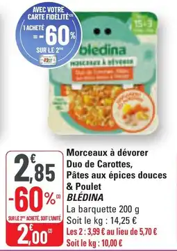 G20 Morceaux à dévorer duo de carottes pâtes aux épices douces poulet bledina offre
