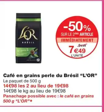 Monoprix L'OR Café en grains perle du Brésil offre