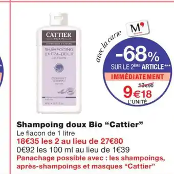 Monoprix CATTIER Shampoing doux Bio offre