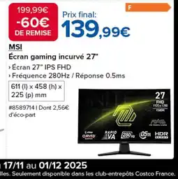 Costco MSI Écran gaming incurvé 27" offre