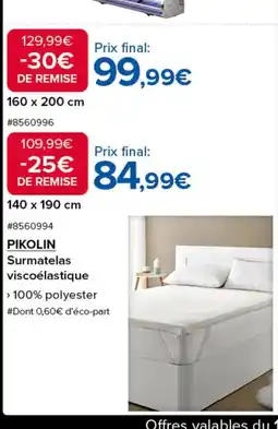 Costco PIKOLIN Surmatelas viscoélastique offre