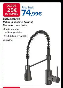 Costco LENZ KALANI Mitigeur Cuisine Kalani2 Mat avec douchette offre