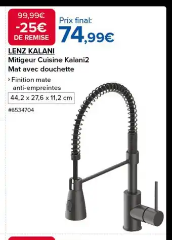 Costco LENZ KALANI Mitigeur Cuisine Kalani2 Mat avec douchette offre