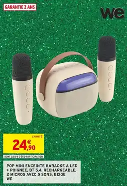 Intermarché Pop mini enceinte karaoke a led + poignee bt 5.4 rechargeable 2 micros avec 5 sons beige we offre
