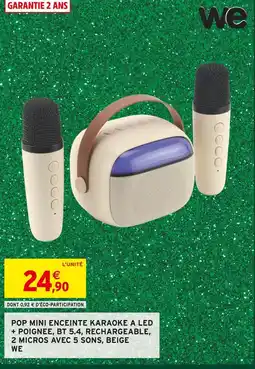 Intermarché We pop mini enceinte karaoke a led + poignee, bt 5.4, rechargeable, 2 micros avec 5 sons, beige offre