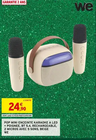 Intermarché We pop mini enceinte karaoke a led + poignee, bt 5.4, rechargeable, 2 micros avec 5 sons, beige offre