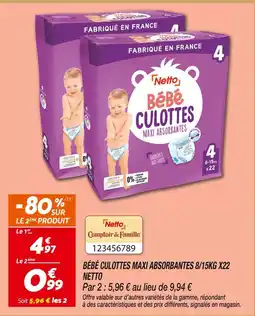 Netto Netto bébé culottes maxi absorbantes 8/15kg x22 offre