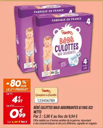 Netto Netto bébé culottes maxi absorbantes 8/15kg x22 offre