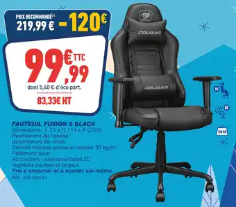 Bureau Vallée Cougar fauteuil fusion s black offre