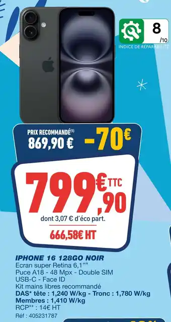 Bureau Vallée Apple iphone 16 128go noir offre