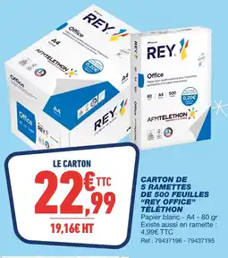Bureau Vallée Rey carton de 5 ramettes de 500 feuilles “rey office” téléthon offre