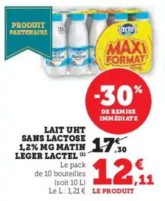 Hyper U Lait uht sans lactose 1,2% mg matin leger lactel offre