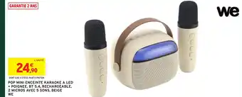 Intermarché Hyper Pop mini enceinte karaoke a led + poignee, bt 5.4, rechargeable, 2 micros avec 5 sons, beige we offre