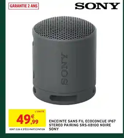Intermarché Hyper SONY Enceinte sans fil ecoconcue ip67 stereo pairing srs-xb100 noire offre