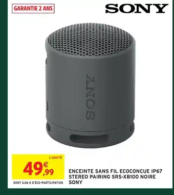 Intermarché Hyper SONY Enceinte sans fil ecoconcue ip67 stereo pairing srs-xb100 noire offre