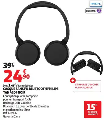 Auchan Casque sans fil bluetooth philips tah 4209 noir offre