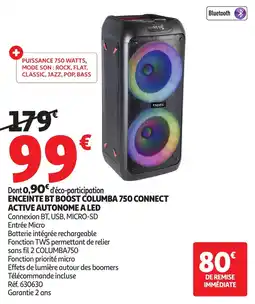 Auchan Enceinte bt boost columba 750 connect active autonome a led offre