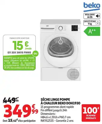 Auchan Séche linge pompe à chaleur beko doh1930 offre