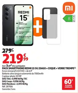 Auchan Pack smartphone redmi 15 5g 256go + coque + verre trempe offre