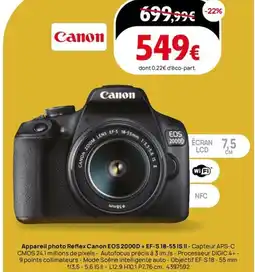 Darty Appareil photo reflex canon eos 2000d + ef-s 18-55 is ii offre