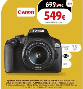 Darty Appareil photo reflex canon eos 2000d + ef-s 18-55 is ii offre
