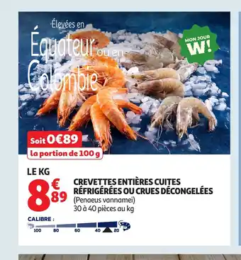 Auchan Crevettes entières cuites réfrigérées ou crues décongelées offre