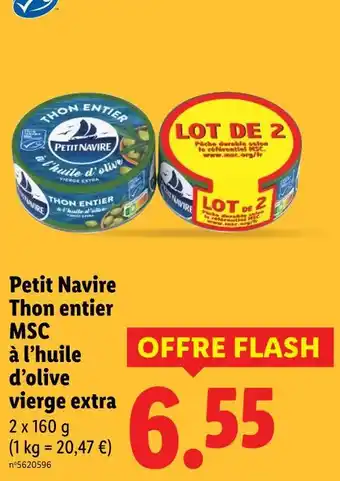 Lidl Petit navire thon entier msc à l’huile d’olive vierge extra offre
