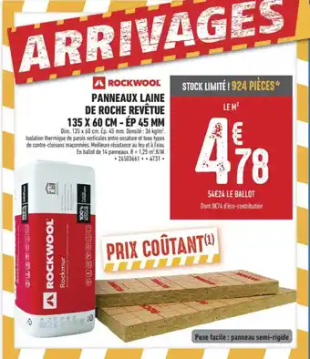 Brico Cash ROCKWOOL Panneaux laine de roche revêtue 135 x 60 cm - ép 45 mm offre