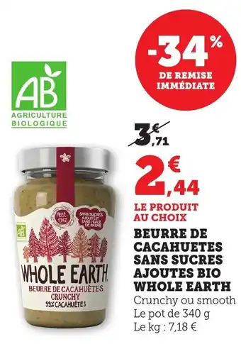 Bi1 WHOLE EARTH Beurre de cacahuetes sans sucres ajoutes bio offre