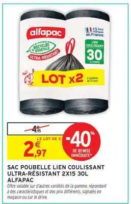 Intermarché SAC POUBELLE LIEN COULISSANT ULTRA-RÉSISTANT 2X15 30L ALFAPAC offre