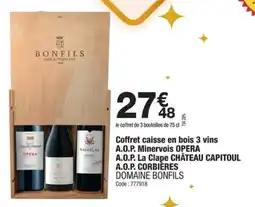 Promocash Coffret caisse en bois 3 vins a.o.p. minervois opera a.o.p. la clape château capitoul a.o.p. corbieres domaine bonfils offre