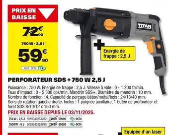 Brico Dépôt Perforateur sds+ 750 w 2,5 j offre