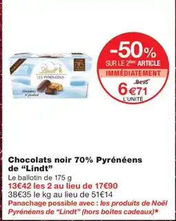 Monoprix LINDT Chocolats noir 70% Pyrénéens offre