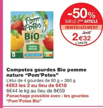 Monoprix POM'POTES Compotes gourdes Bio pomme nature offre