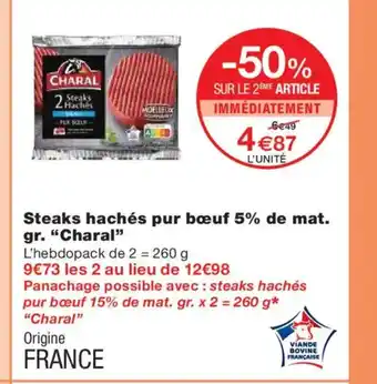 Monoprix CHARAL Steaks hachés pur bœuf 5% de mat. gr. offre