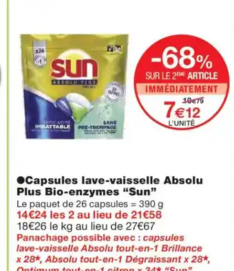 Monoprix SUN Capsules lave-vaisselle Absolu Plus Bio-enzymes offre