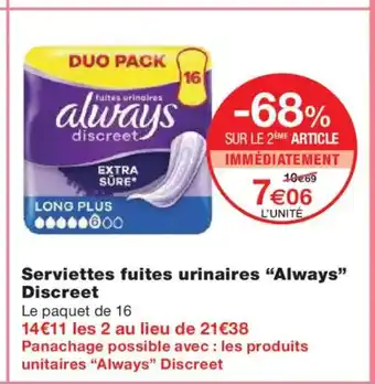 Monoprix ALWAYS DISCREET Serviettes fuites urinaires offre