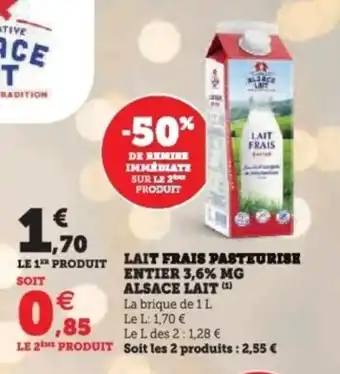 Super U Lait frais pasteurise entier 3,6% mg alsace lait offre