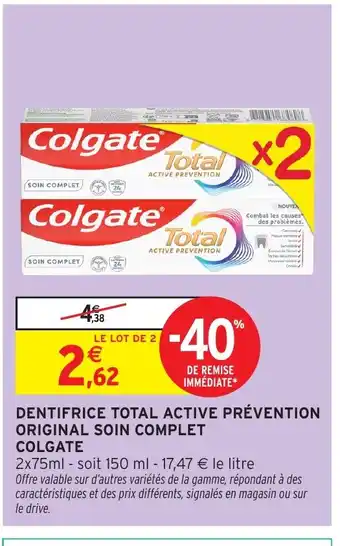 Intermarché COLGATE Dentifrice total active prévention original soin complet offre