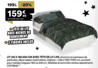 BUT Lit 140 x 190>200 cm avec tête de lit life offre