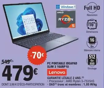 E.Leclerc Pc portable ideapad slim 3 16arp10 lenovo offre