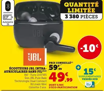 Hyper U Jbl écouteurs intra-auriculaires sans fil offre